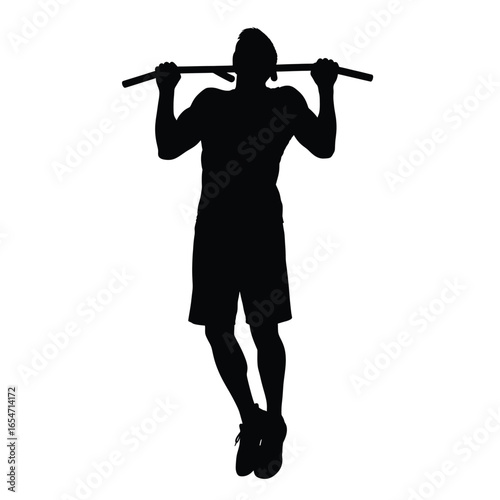 Silhouette of a man doing pull ups on a bar, isolated on white background, showcasing strength, fitness, and determination in a dynamic workout