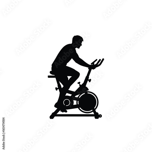 Silhouette of a man exercising on a stationary bike isolated on white background for fitness, health, and indoor cycling workout