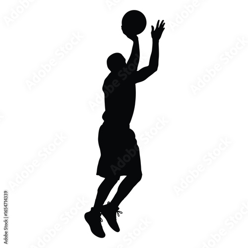 Silhouette of a basketball player jumping to shoot the ball isolated on white background, showcasing athleticism and dynamic movement