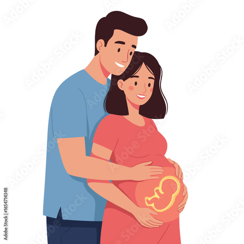 Happy couple embracing during pregnancy with a glowing fetus, perfect for maternity promotions, prenatal education, and family celebration materials