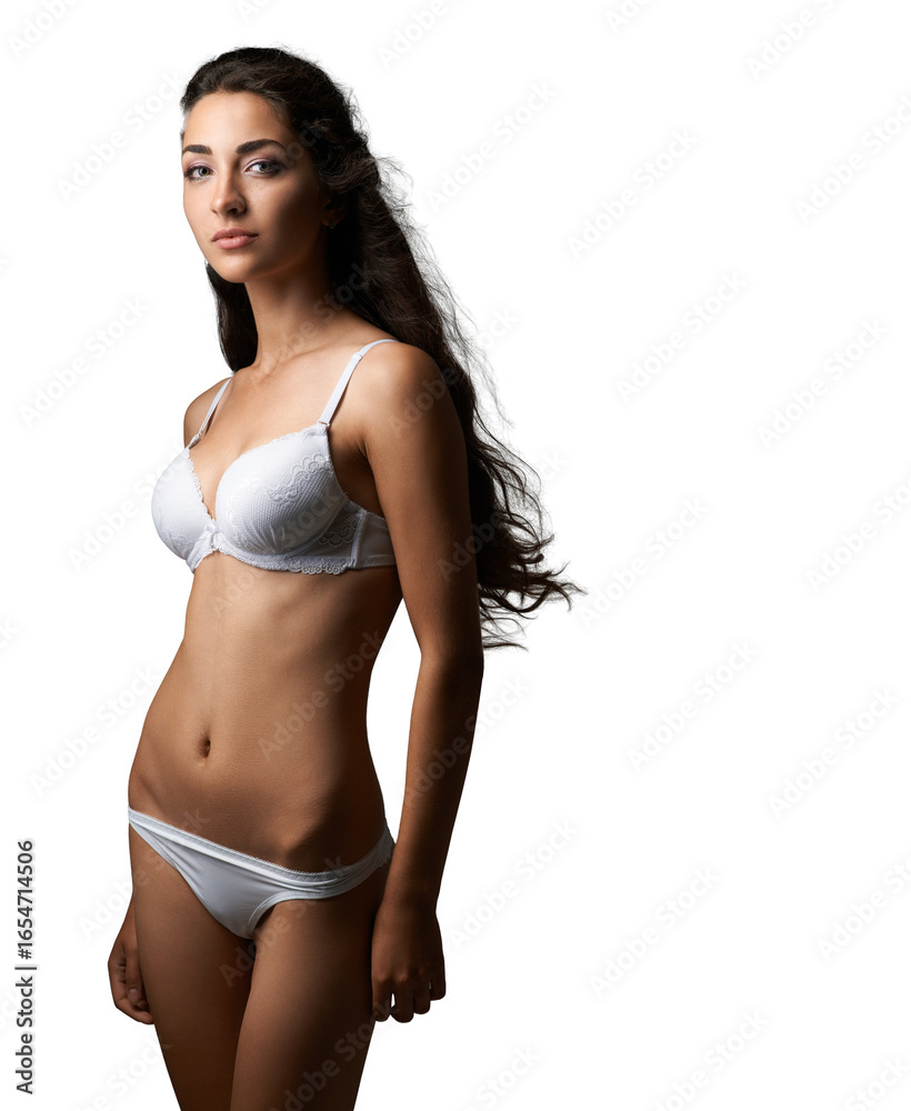 Fototapeta premium Confident Woman in White Lingerie on Transparent Background