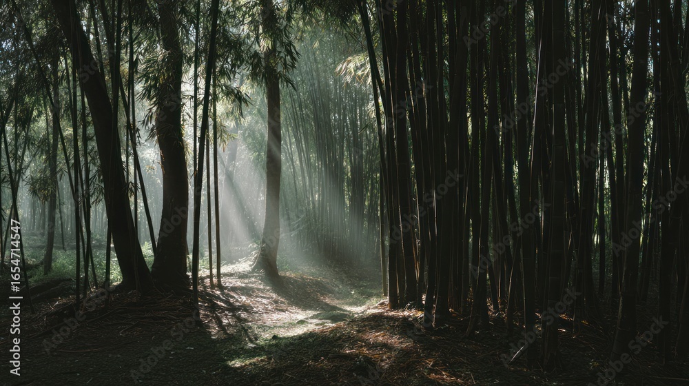 Obraz premium Misty sunlight through bamboo forest