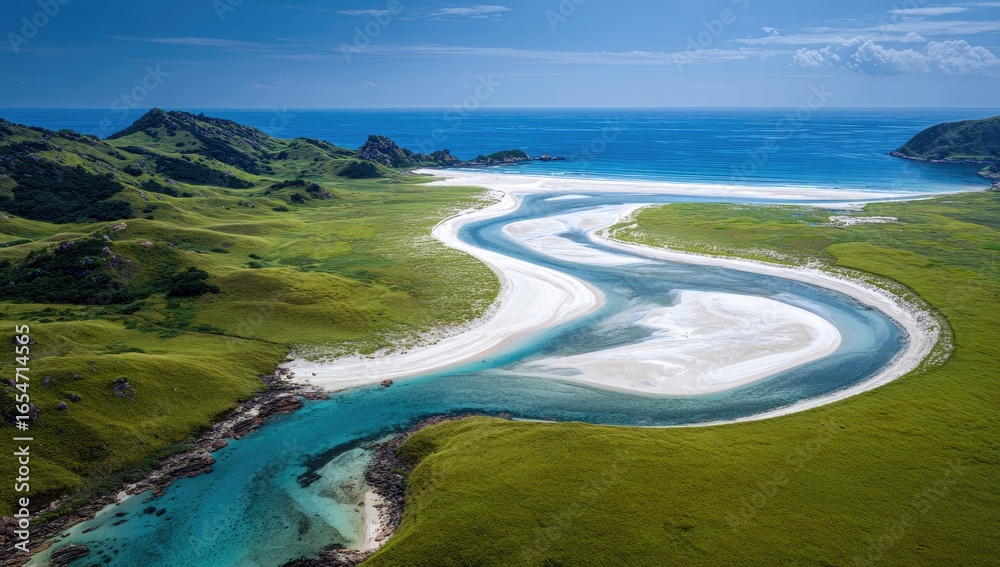 Obraz premium Lush green hills meet a pristine white sand beach curving into a turquoise bay