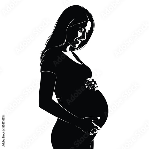 Silhouette of a pregnant woman holding her belly isolated on white background, symbolizing motherhood, love, and the miracle of new life