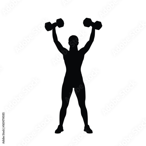 Silhouette of a man lifting dumbbells overhead isolated on white background for exercise, fitness, and strength training concept
