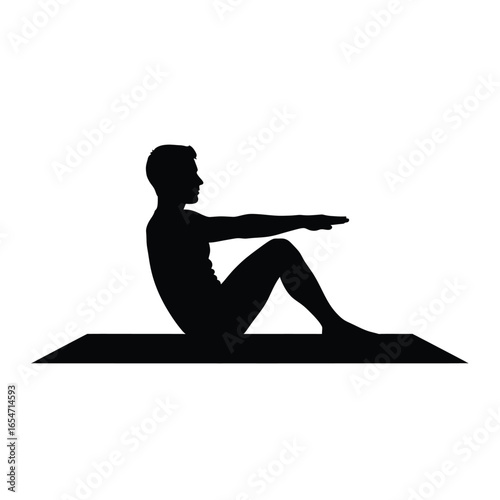 Silhouette of a person doing russian twist exercise on mat isolated on white background for fitness, core strength and workout