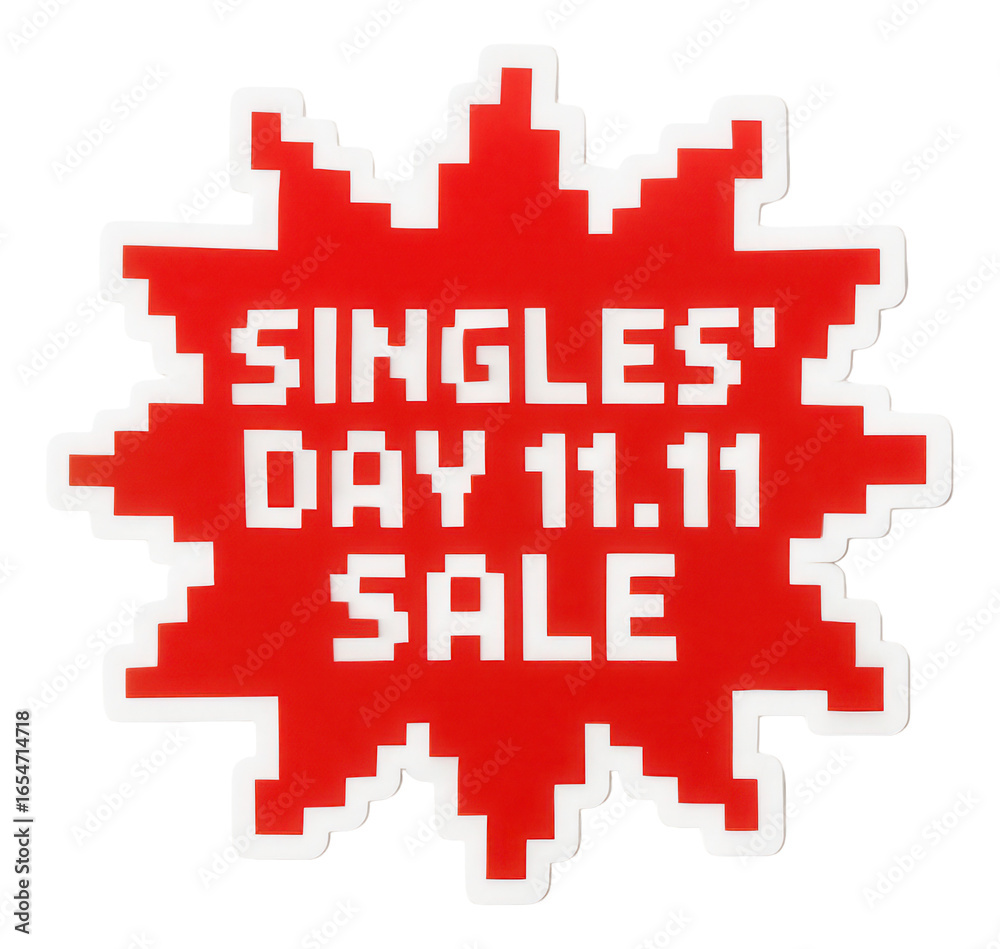 Fototapeta premium Red burst sticker with SINGLES' DAY 11.11 SALE text in pixelated style, vibrant retail discount offer on transparent background.