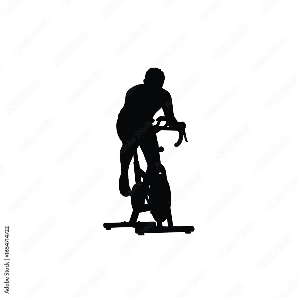 Naklejka premium Silhouette of a man cycling on a stationary bike isolated on white background for fitness, cardio, and indoor exercise