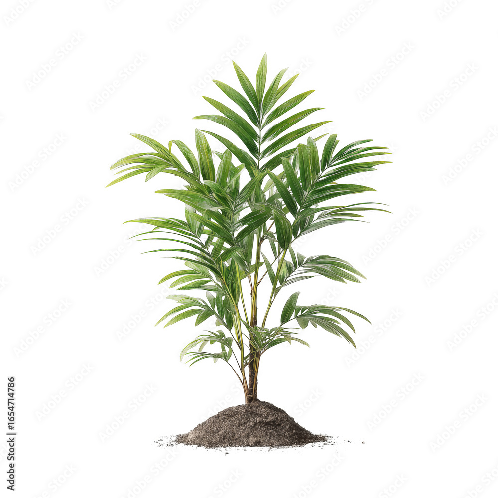 Obraz premium Realistic 3D Render of a Young Palm Tree Sapling With Vibrant Green Leaves and Rich Soil Base