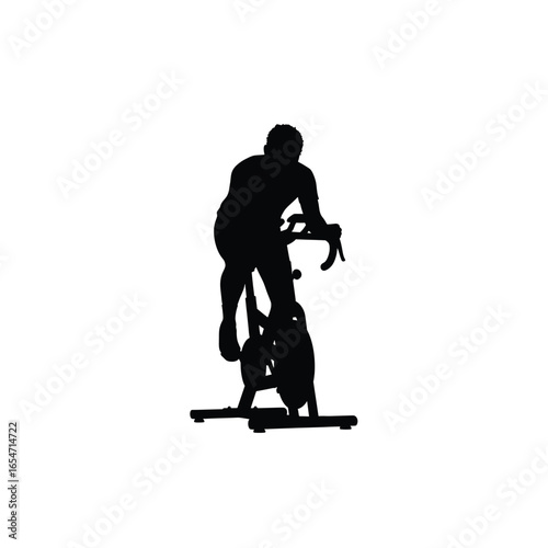 Silhouette of a man cycling on a stationary bike isolated on white background for fitness, cardio, and indoor exercise