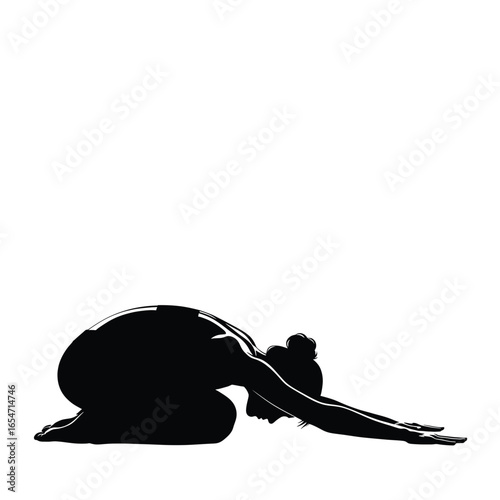 Silhouette of a woman in childs pose practicing yoga isolated on white background for fitness, relaxation, and wellness