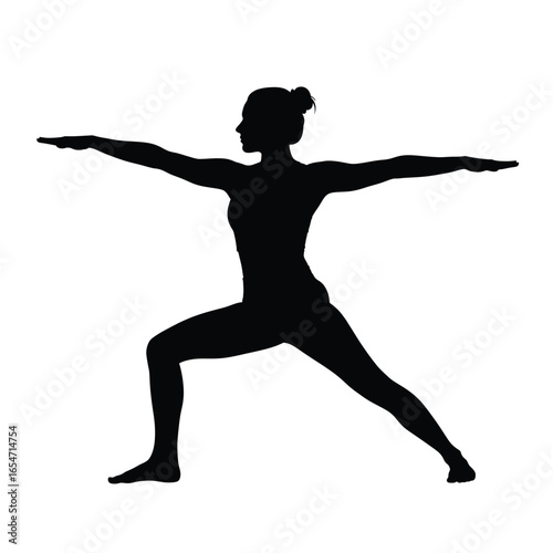Silhouette of a woman in warrior two yoga pose isolated on white background demonstrating balance, strength, and flexibility