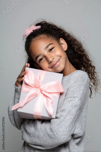 Closeup portrait of a young girl with curly hair happily hugging a present with a pink ribbon in a neutral background