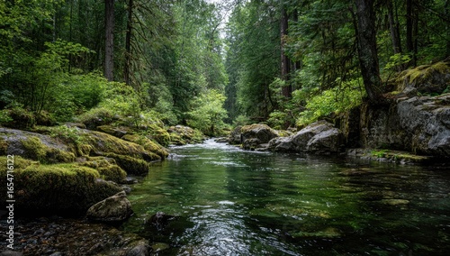 Tranquil forest stream. Lush green trees line a clear stream