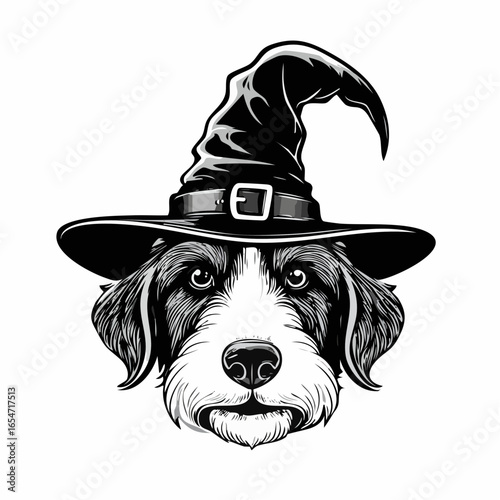 Dog wearing witch hat image vector isolated on white background.