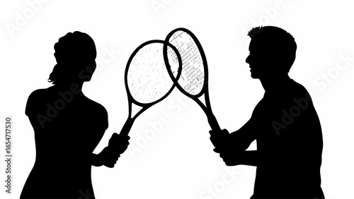 Silhouettes of a woman and a man holding tennis rackets in a celebratory pose on a white background