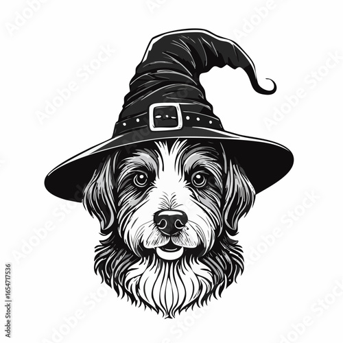 Dog wearing witch hat image vector isolated on white background.