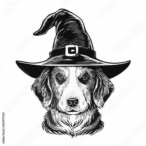 Dog wearing witch hat image vector isolated on white background.