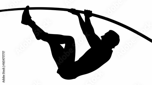 Silhouette of a pole vaulter hanging from the pole in mid air during a vaulting competition event