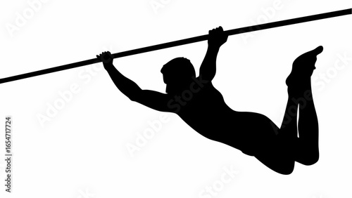 Silhouette of a gymnast performing a complex move on a horizontal bar with legs extended upward and back