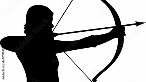 Silhouette of an archer drawing back the bowstring preparing to shoot an arrow at a target range