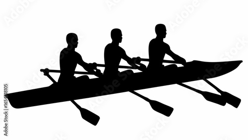 Silhouette of three rowers in a boat with oars on a white background showing teamwork and competition scene