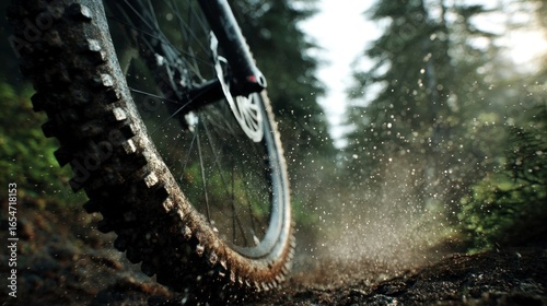 Muddy mountain bike tire in forest