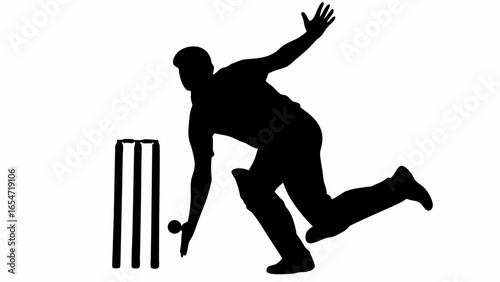 Silhouette of a cricket bowler in action preparing to bowl with stumps and ball visible on the ground