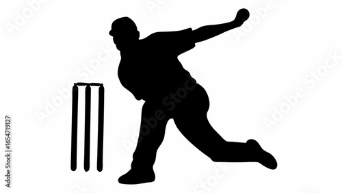 Silhouette of a cricket bowler in action with stumps visible against a white background in a vector image