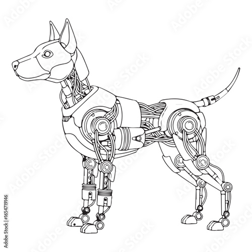 Robotic dog illustration, black and white line art