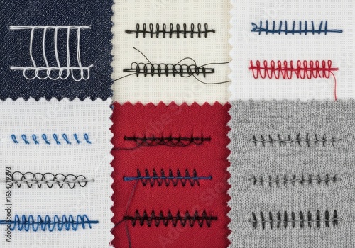 Various sewing stitches on different colored fabrics