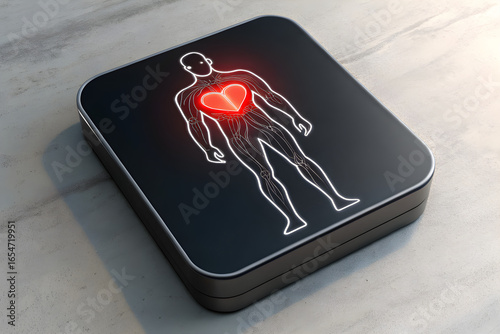 Minimal 3D Chest Icon with Male Body Outline and Red Glowing Heart – Modern Medical App Design