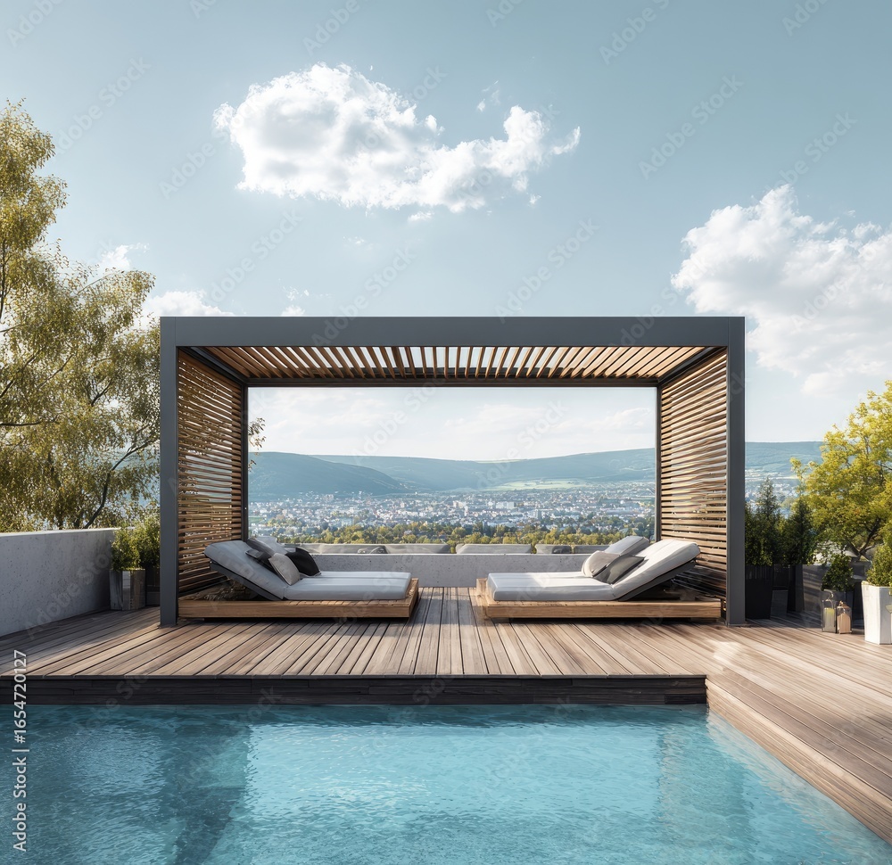 Fototapeta premium Rooftop patio with pergola, sunbeds, and pool