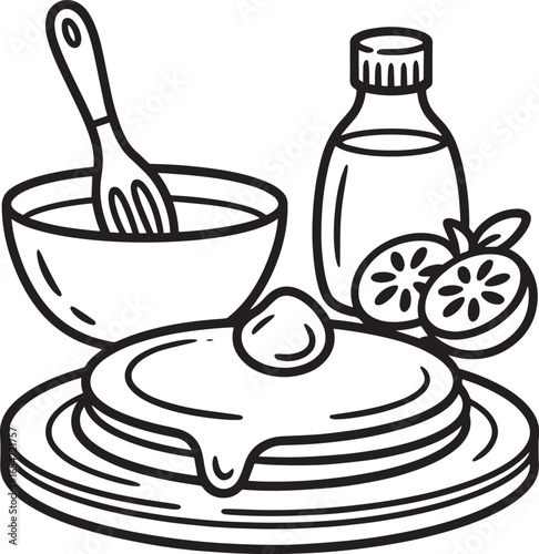 Stacked pancakes with butter syrup bottle and lemon slices vector