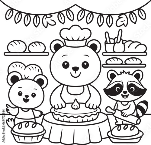 Three cartoon animals baking pies together bear