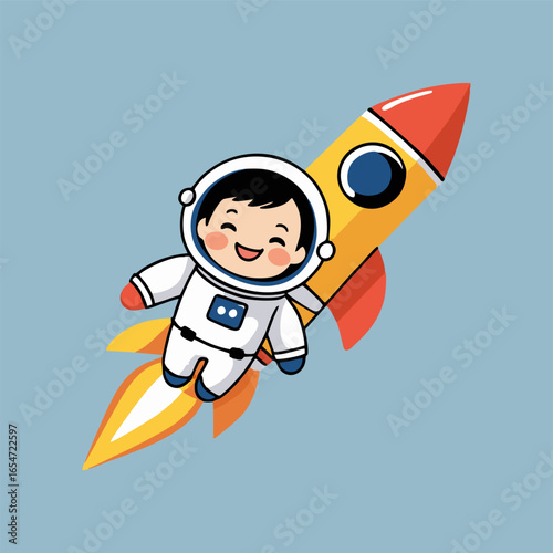 A cheerful astronaut flying on a pencil rocket shaped like a giant banana, surrounded by playful monkeys and colorful fruit planets in a fruity cosmos.