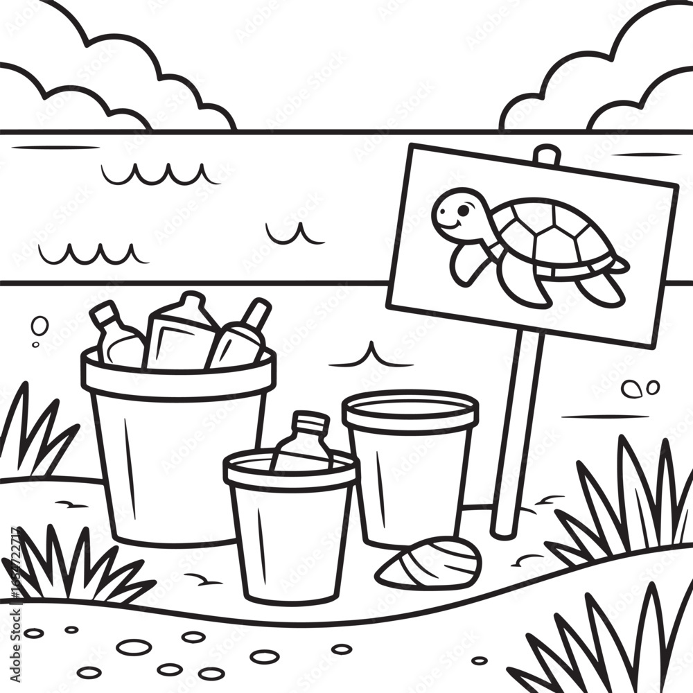 Obraz premium Turtle sign and trash cans by the water bottles