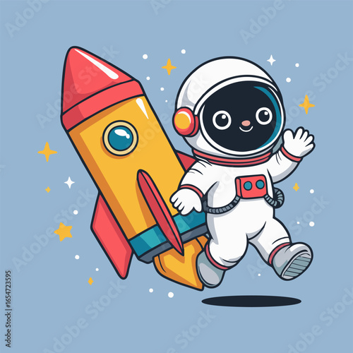 An adorable astronaut flying on a whimsical pencil rocket shaped like a rainbow, with fluffy clouds and smiling suns greeting them in a vibrant sky.