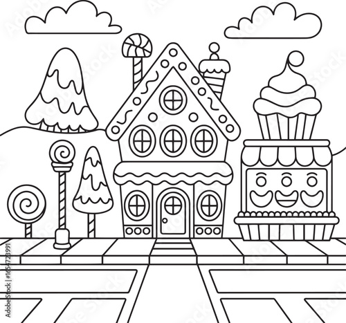 Whimsical candy land scene with gingerbread house and sweet treats lollipop cupcake