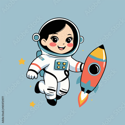 A cheerful astronaut flying on a pencil rocket shaped like a giant apple, surrounded by floating books and whimsical stars in a playful galaxy.