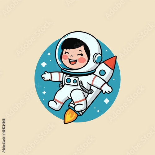 A joyful astronaut on a pencil rocket that trails colorful paint splatters, surrounded by friendly aliens waving from their spaceships in a cheerful galaxy.