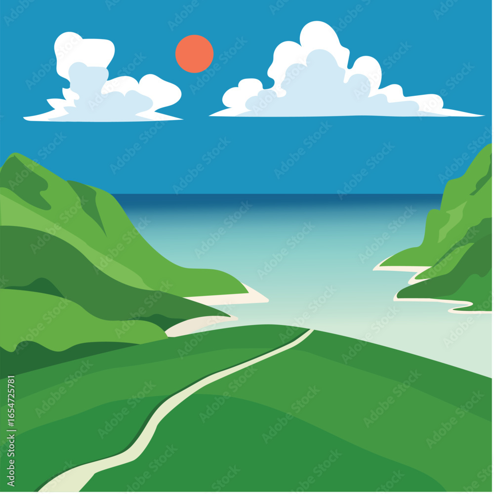 Fototapeta premium seashore with mountains on sky background and sun.
