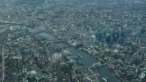 An aerial video of downtown London England on a summer morning.