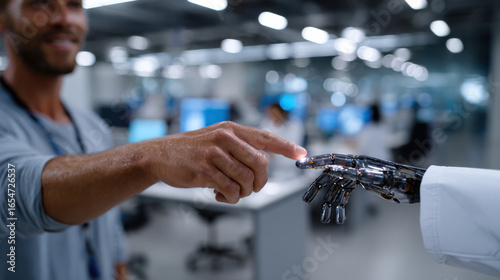 A human finger reaching out to touch a robotic finger, illustrating the delicate interplay between human instinct and advanced robotic technology in the modern age.