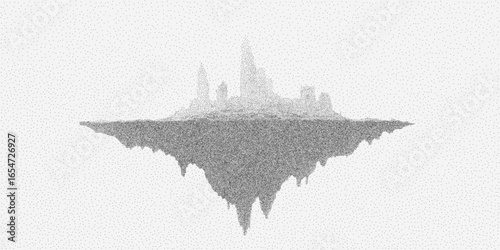 Floating island with a city. Gritty illustration with grain, grit and a scattered speckle pattern. A soft blur and dust effect.