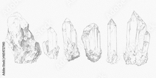 Set of crystals of different shapes. Grainy silhouette with stipple surface, faded grit and retro threshold. Dust marks and smudged ink give a textured paper effect.