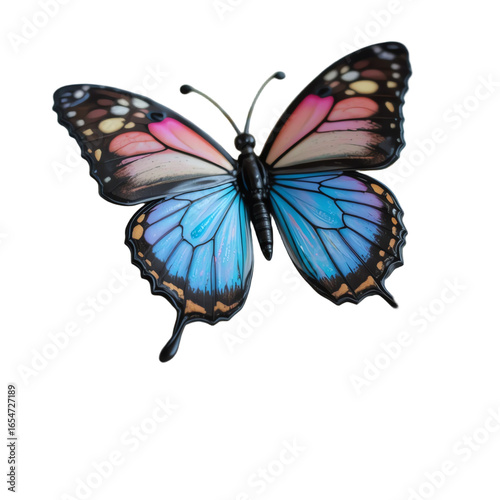 A vibrant butterfly with blue and orange wings, isolated on a white background.