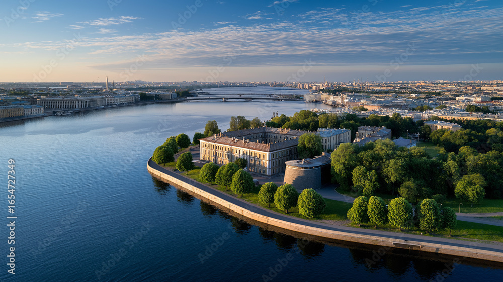 Naklejka premium Aerial View of a Scenic Fortress by the River at Dusk