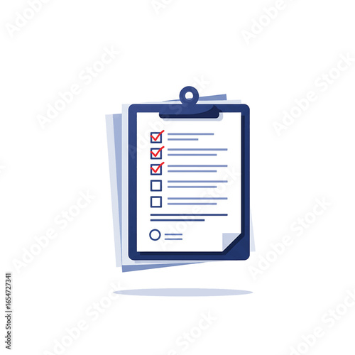 Flat lay image of a clipboard with a checklist and documents, showcasing completed tasks, against a clean white background, conveying a sense of organization and