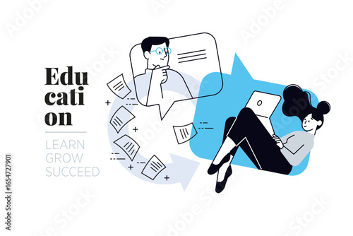 Online exam. Vector creative illustration for web banner, social media, business presentation, marketing material. Distance education, online learning.